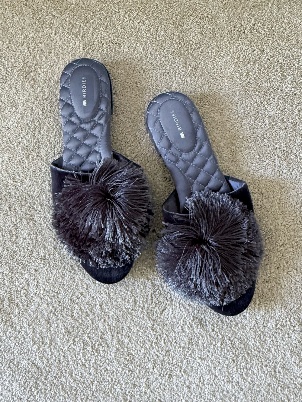 Birdies Black Quilted Slide Sandals with Plush Pom-Poms